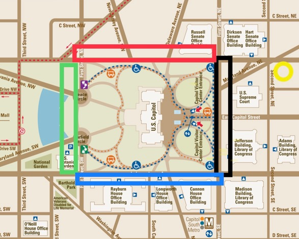 Map of the 4 groups prayer walking around the Capitol